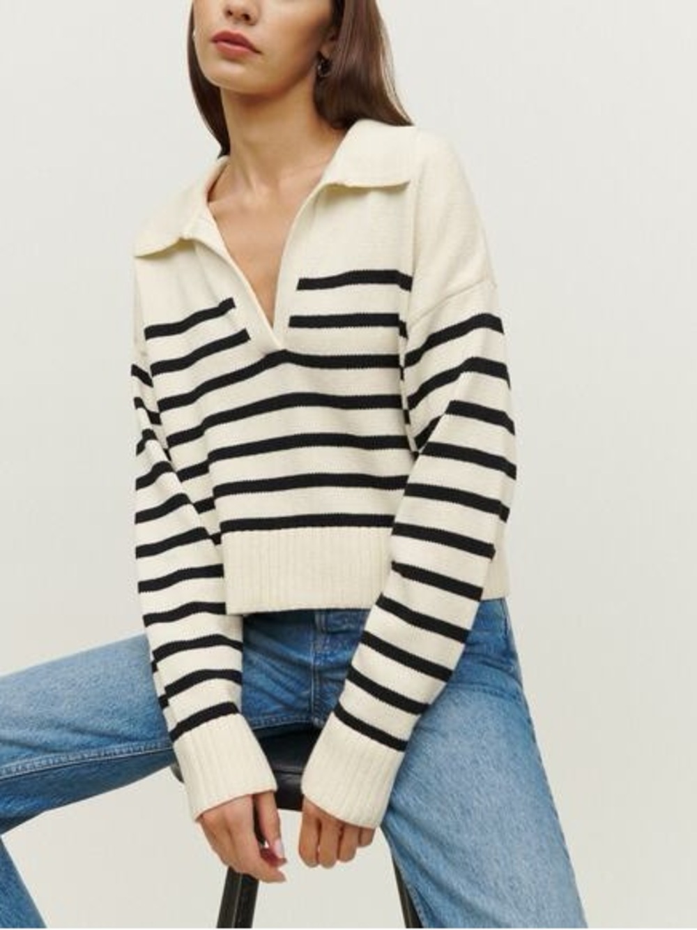 Reformation Cream and Black Striped V‑Neck Collared Sweater